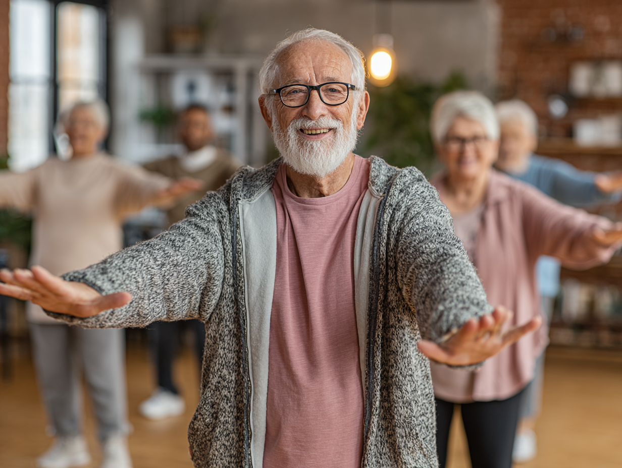 Grupo de adultos mayores disfrutando de una clase de fitness creativo con elementos de danza y expresión corporal